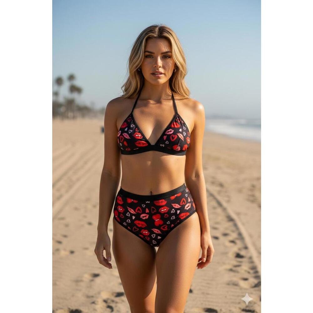 Women's Bikini Set with Red Lips and Hearts Print
